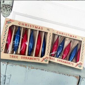 Vintage Christmas Ornaments 6" Icicle Glass Patriotic Americana Poland Box Set 6